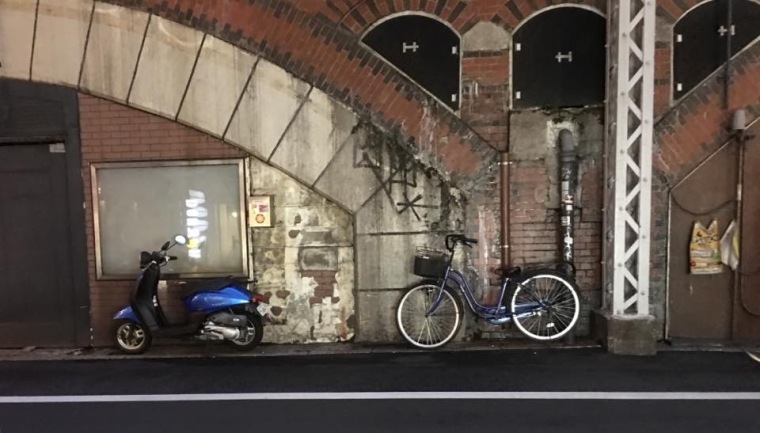 Bike and a bike parked on a Tokyo street.....